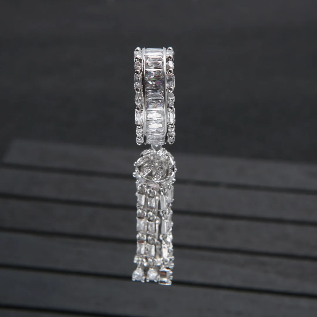 HIBRIDE Luxury Long Tassel Drop Full Mirco Paved Cubic Zirconia Statement Rings for Women Bridal Wedding Accessories bijou R-303