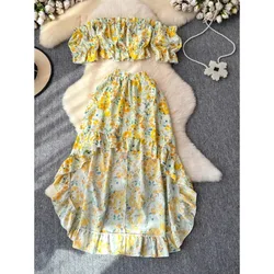 Seaside Vacation Fashion Skirts Suit Women Printed Floral Tube Tops Two-Piece Set High Waist Slimming Irregular Long Skirts