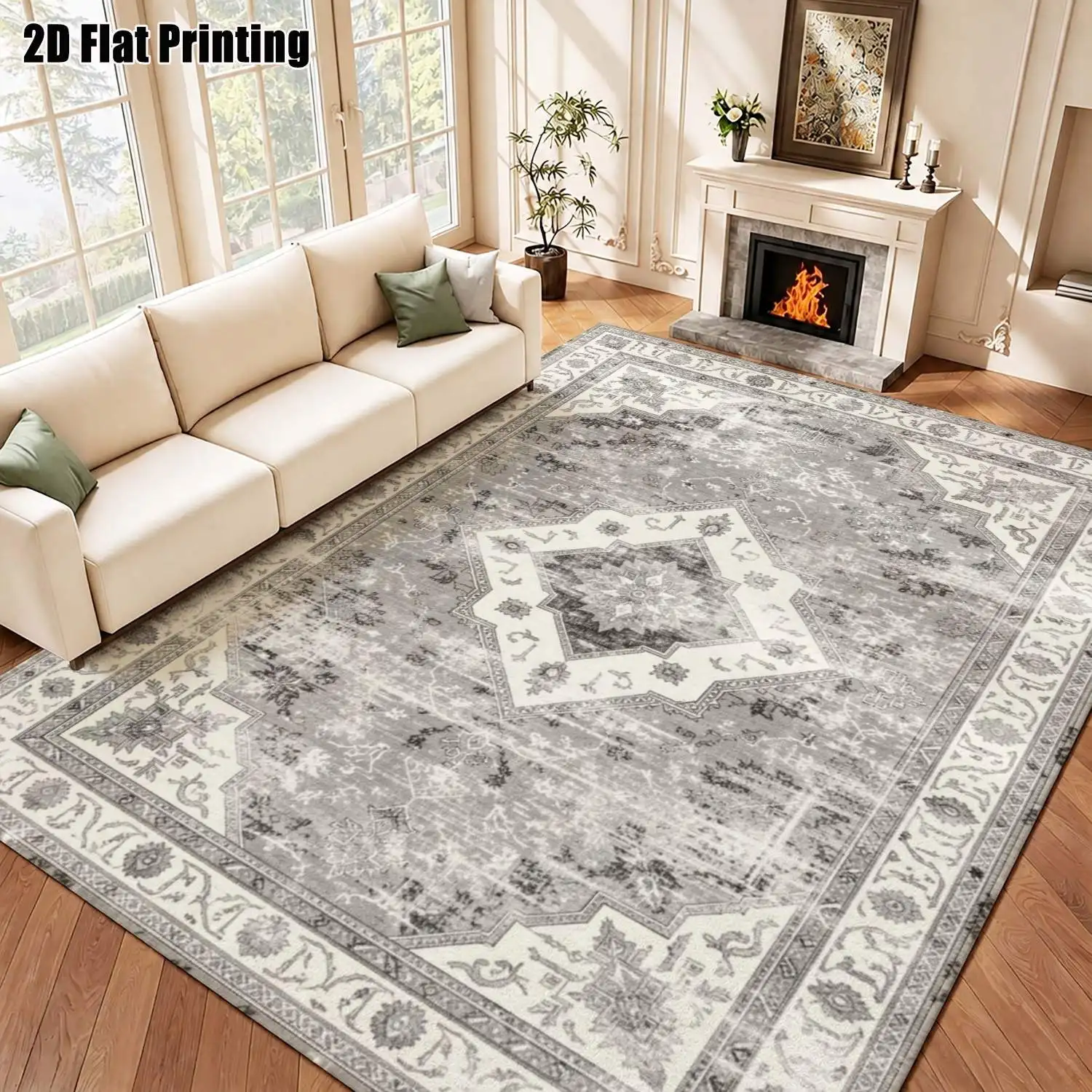1Pc 2D Printed Carpet: Beige Base, Red-Edged Scrolling Flower Pattern European Vintage Style, Home Decor, Multi-Size, Machine Washable, for Entrance, Dining, Foyer, Bedroom, Study, Living Room.