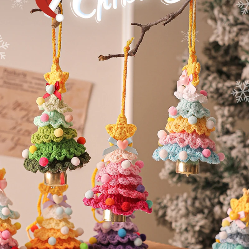 Hand Knit Christmas Tree With Bell Hangings Pendant Wool Yarn Crochet Knitted Christmas Tree Xmas Party Decor Ornaments