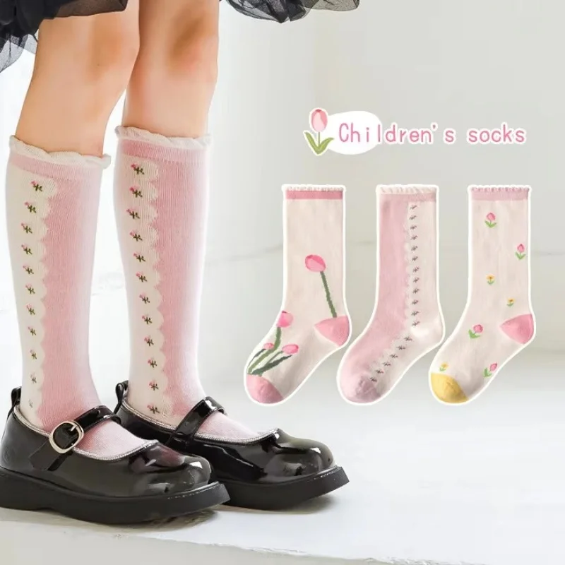 Little Girls Socks  Long Socks Pink Fancy Lace Hose Baby Infant Long Calf Length Cotton Socks Children Spring Autumn