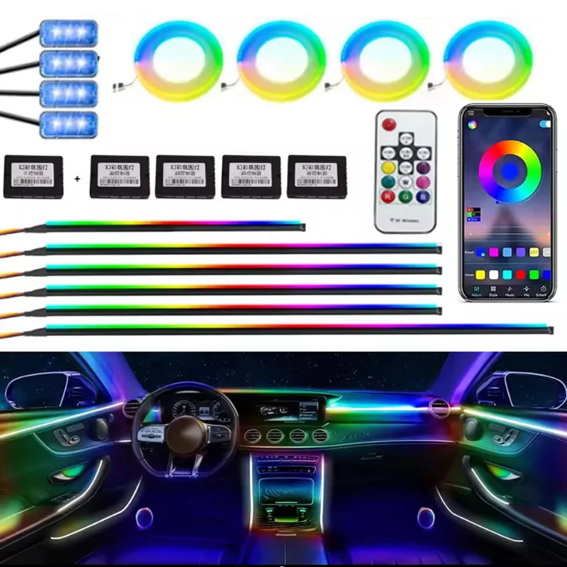 18/22 in 1 Car Ambient Light LED Interior Streamer Symphony  213 64 Color Rgb Atmosphere Rainbow Acrylic Strip 12V with Remote