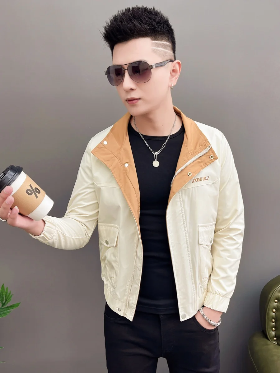 

Мужская модная куртка весна 2024, однотонная, повседневная, с воротником, из полиэстера, на молнии, приталенная, молодежная верхняя одежда