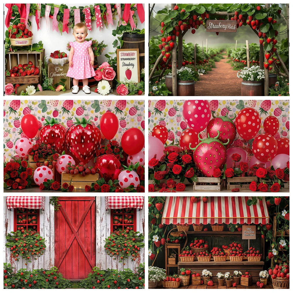 

Red Strawberry Store Photography Background Balloon Decoration Backdrop For Baby Shower Newborn Birthday Party Props Supplies