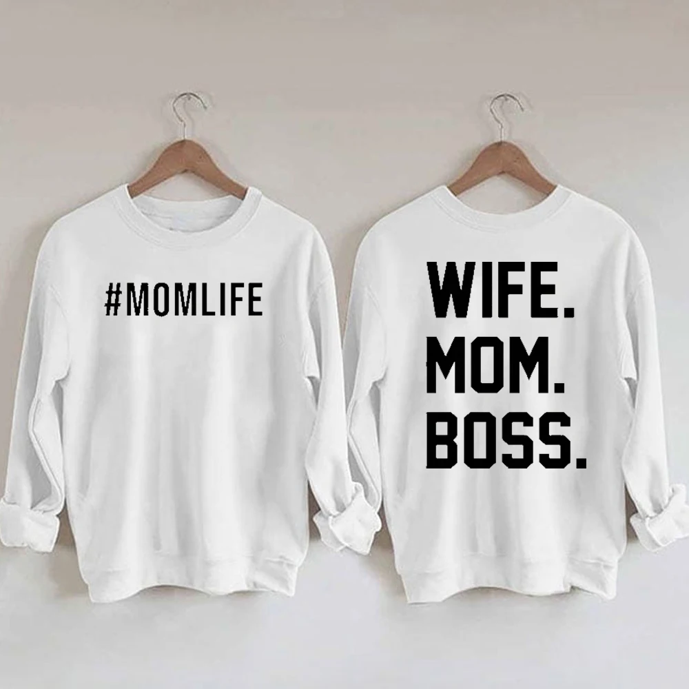 Rheaclots Women\'s Mom Life Wife Mom Boss Printed Cotton Female Cute Long Sleeves Sweatshirt