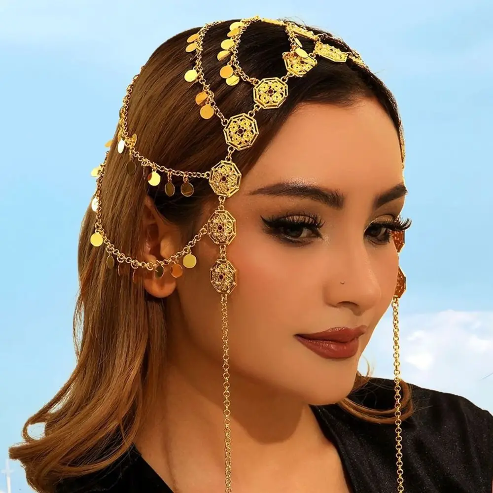 

Gold Color Hair Jewelry Multi-layer Disc Sequin Tassel Tassel Head Chain Long Chains Golden Moon Coin Headwear Accessories