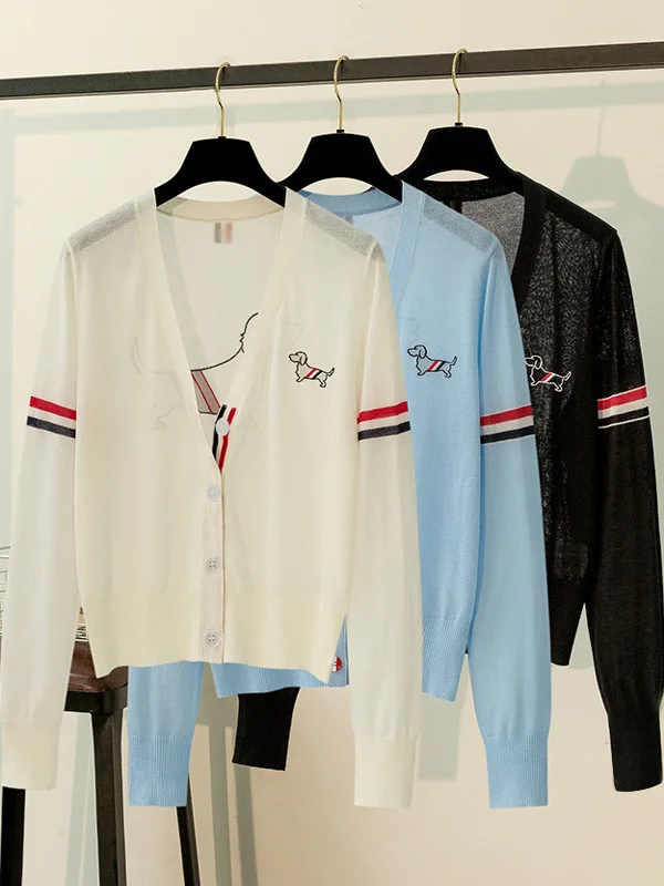 Summer 2026 Women's Ice Silk Knitted Open Cardigan Long Sleeve Embroidered Dog Design Sun Protection Thin Outerwear Air Condi...