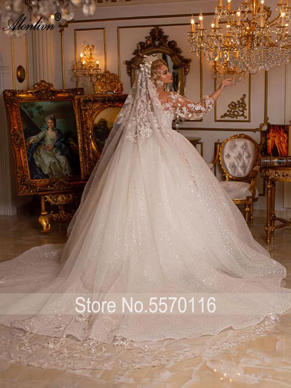 Alonlivn-Robe de mariée à manches bouffantes avec jupe Bling, magnifique robe de mariée avec décolleté en V, patients de princesse Bling