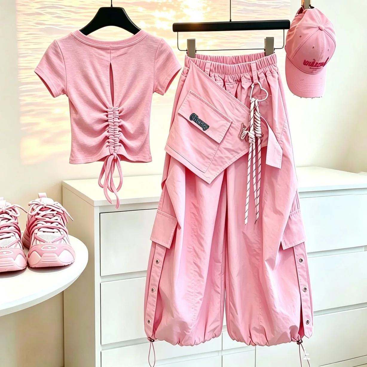 4-14 Girls' Short sleeved Work Pants Set Summer Quick drying Thin backless Shirt Wide Leg Pants Sweet Cool Style