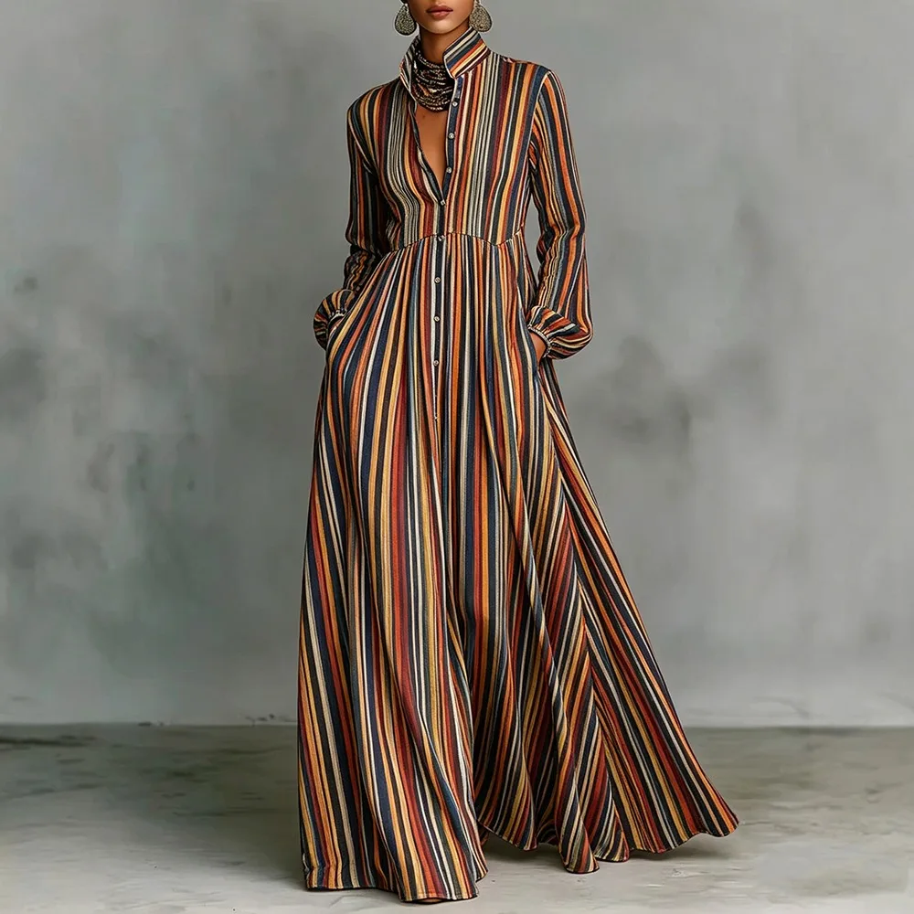

Women's Chic Bohemian Striped Print Maxi Dress Fashion Stand Collar Long Sleeve Loose A-Line Dress With Pockets For Vacation
