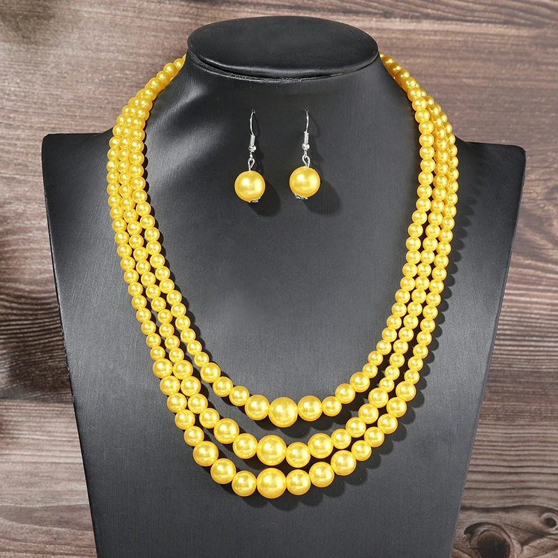 1set Three Layer Imitation Pearl Jewelry Set Party Orange Yellow Necklace Earrings For Women African Necklace Earrings S
