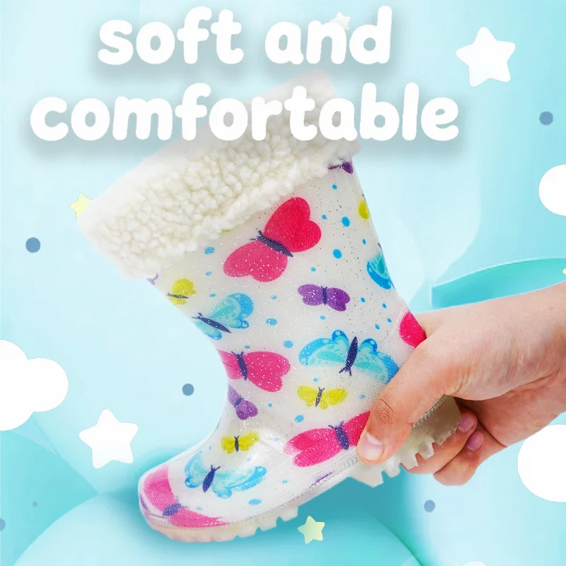أحذية المطر القطيفة الرائعة للأطفال! مع أغطية قابلة للفصل، وهي مقاومة للماء وغير قابلة للانزلاق ودافئة.