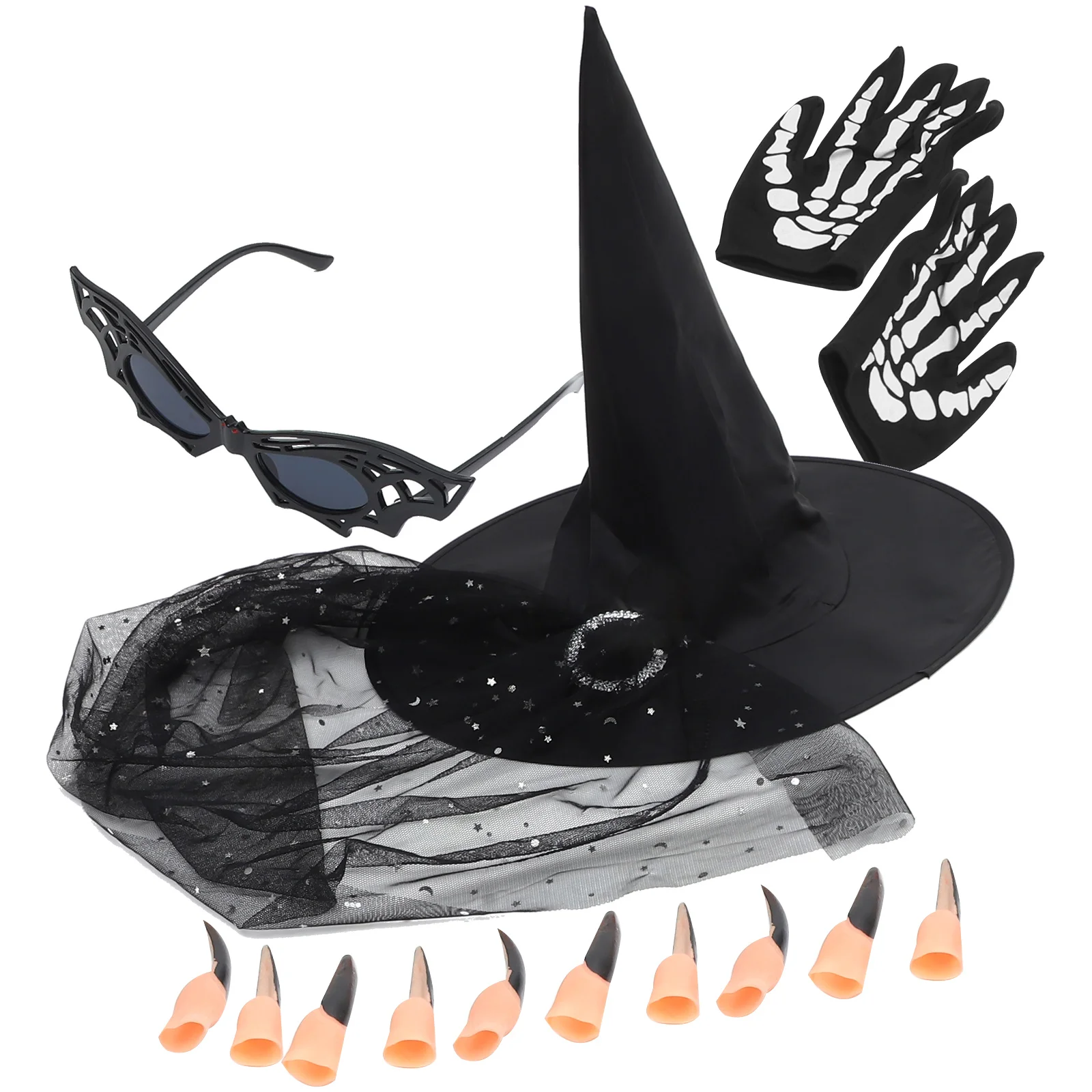 

1 set 1Set Wizard Hat Props Halloween Costume Star Moon Hat Glasses Nails Gloves Cosplay Accessories Party Role Play Set