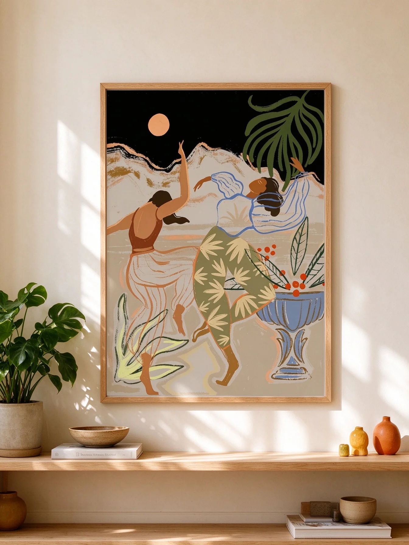 Boho Dancing Women Wall Art, Moon Night Tropical Botanical Print, Abstract Female Figure Home Decor Poster