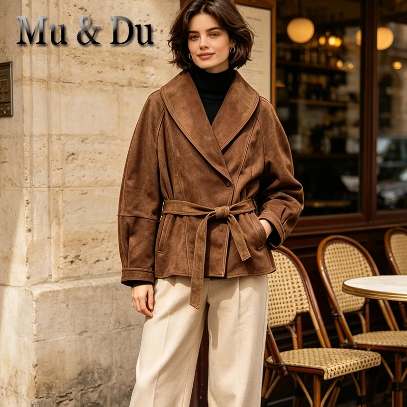 Women's Faux Suede Cropped Coat Jacket Belted Notched Lapel Lace-up RetroOuterwear Chic Outerwear Autumn Winter High Street