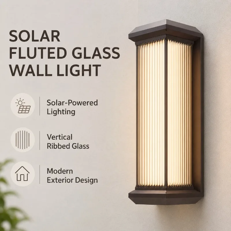 Outdoor Wall Light Solar or Hardwired Waterproof LED Sconce Ribbed Glass Aluminum Lamp for Villa Garden Patio Balcony Gate Porch