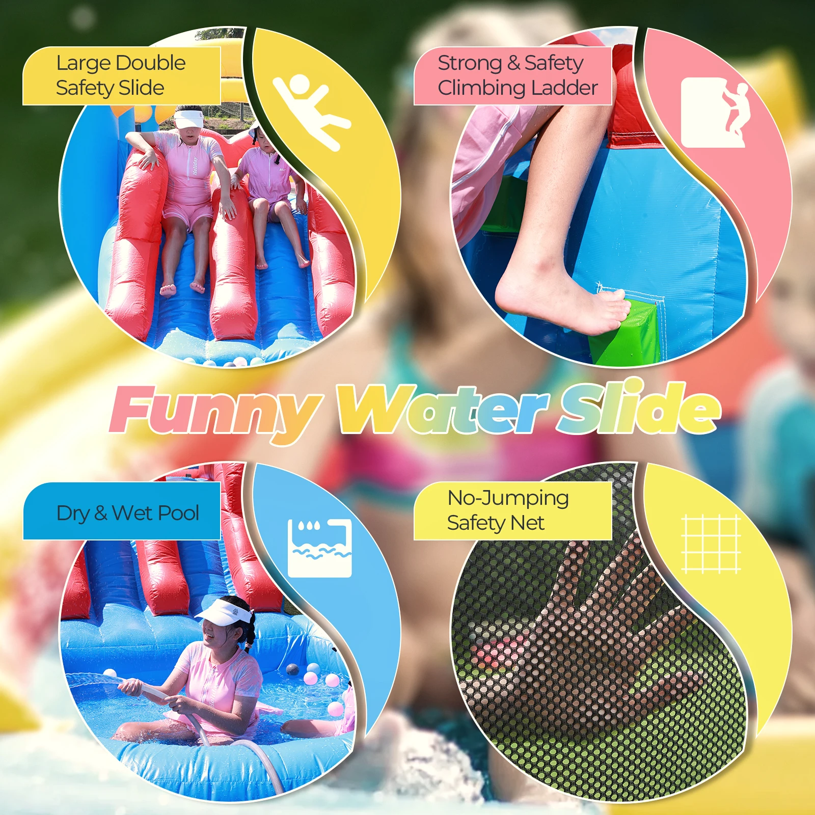Piscina di palline gonfiabile per acqua macaron al 100% in PVC per bambini Attrezzatura per giochi d'acqua per palestra nella giungla con ventilatore d'aria da 1100 W