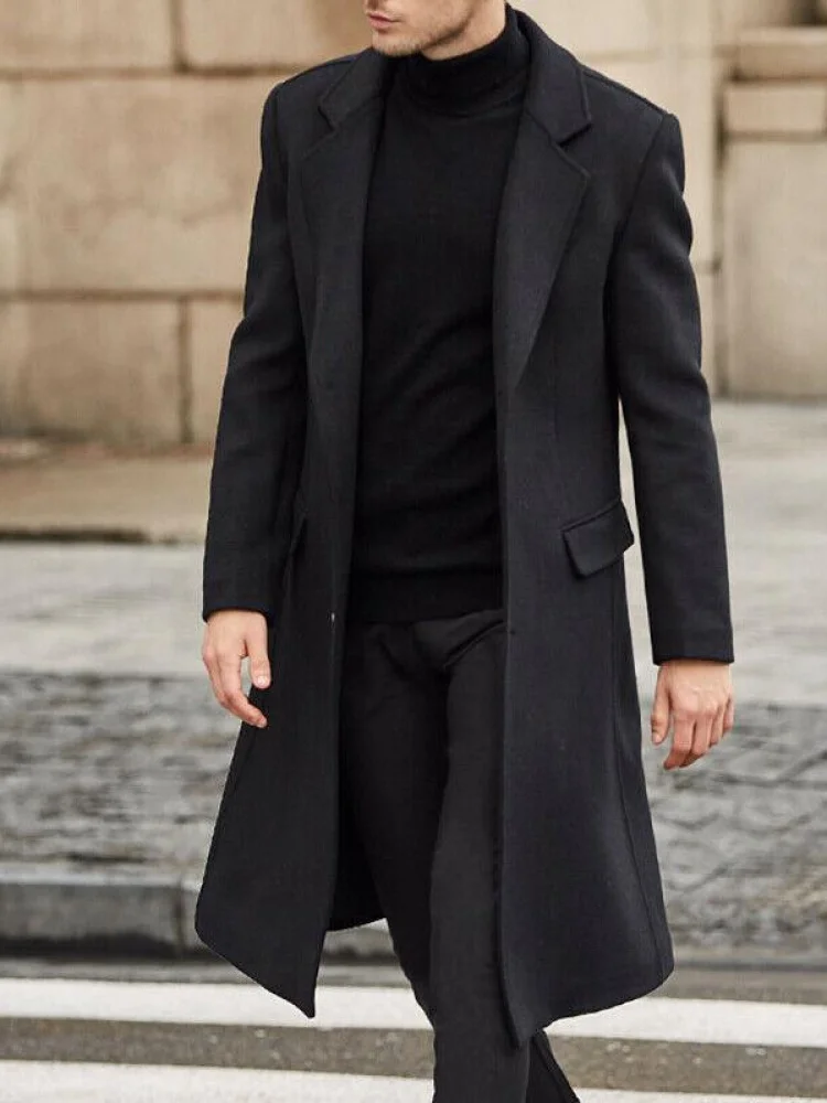 

Long Men's Woolen Coat Casual Style Polyester Fiber Winter Fashion Elegant Lapel Coat for Men Youth Pure Color Single Button