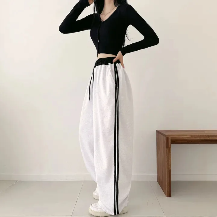 Daily Home Sweatpants Lady High Street Trousers Women Black Striped High Waisted Leisure Female Chic Concise Wide Leg Pants 2025