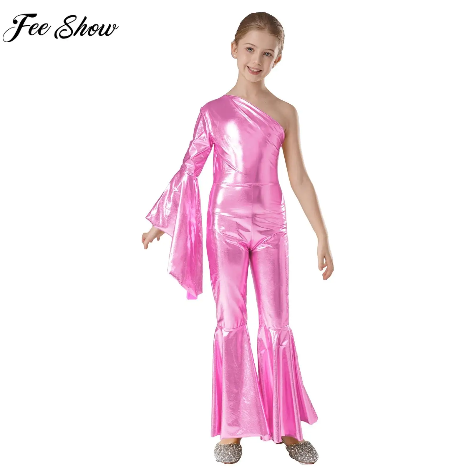 6-16Y Kids Girls Metallic Shiny Bell-Bottom Dance Jumpsuit Retro Disco Party Cosplay Costume Cheerleading Jazz Dancing Clothes