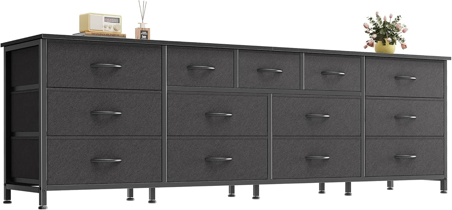 

70 Inch Dresser for Bedroom, TV Stand for 65, 75, 80 Inch TV, 13 Fabric Drawer Long Dresser, Wide Chest of Drawer, Black Stor