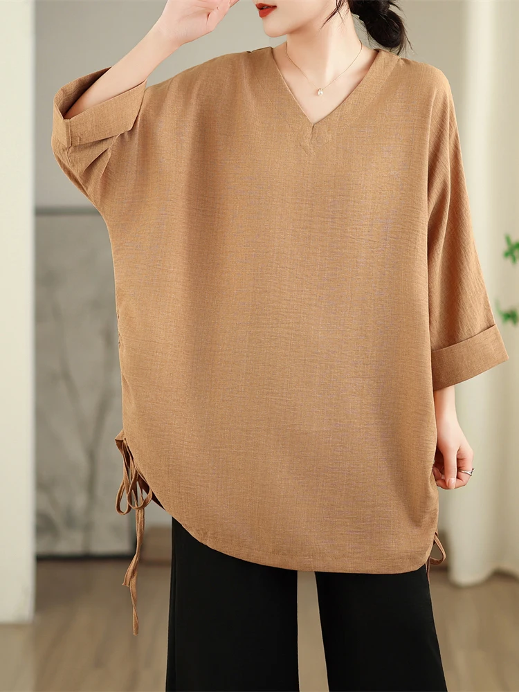 

Loose V-Neck Women's Shirt Spring Summer 2026 Slimming Casual Style Drawstring Design Cotton Linen Batwing Sleeve Midi Shirt