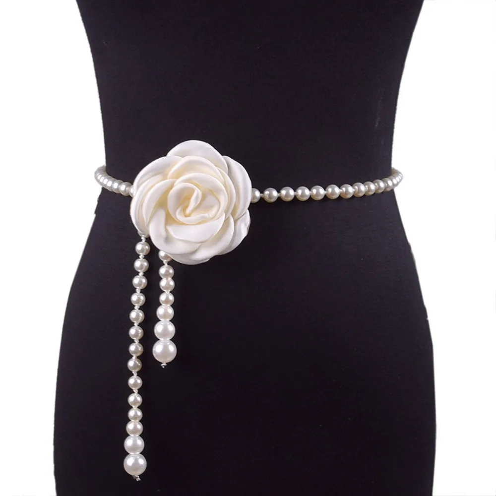 Camellia Pearl Waist Chain Women's Sweetly Decorated Thin Waist Belt for Slim Accessories