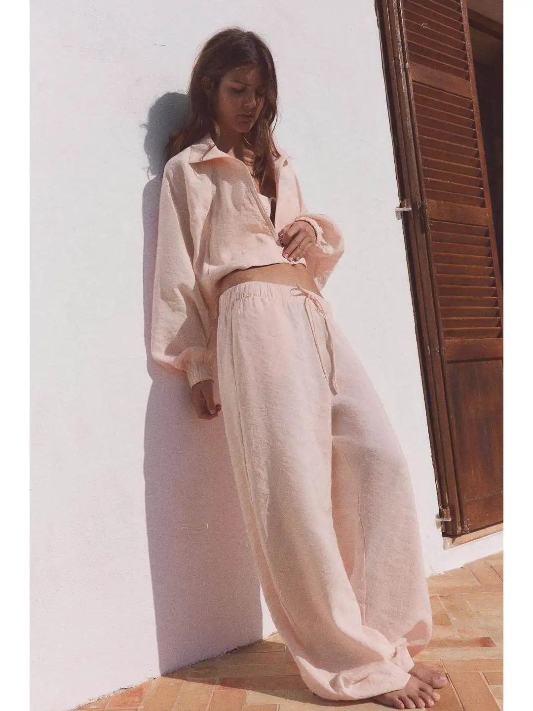 Casual Style Loose Fit Elastic Waist Knife Pleat Pants Vacation Theme Cotton Linen Blend mid Rise Wide Leg Trousers for Women