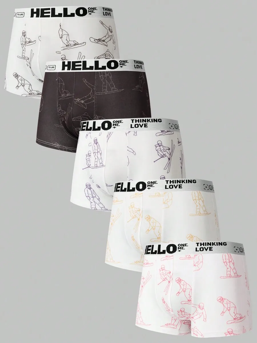 

5 Pcs Mens Skiing Pattern Printed Boxer Shorts