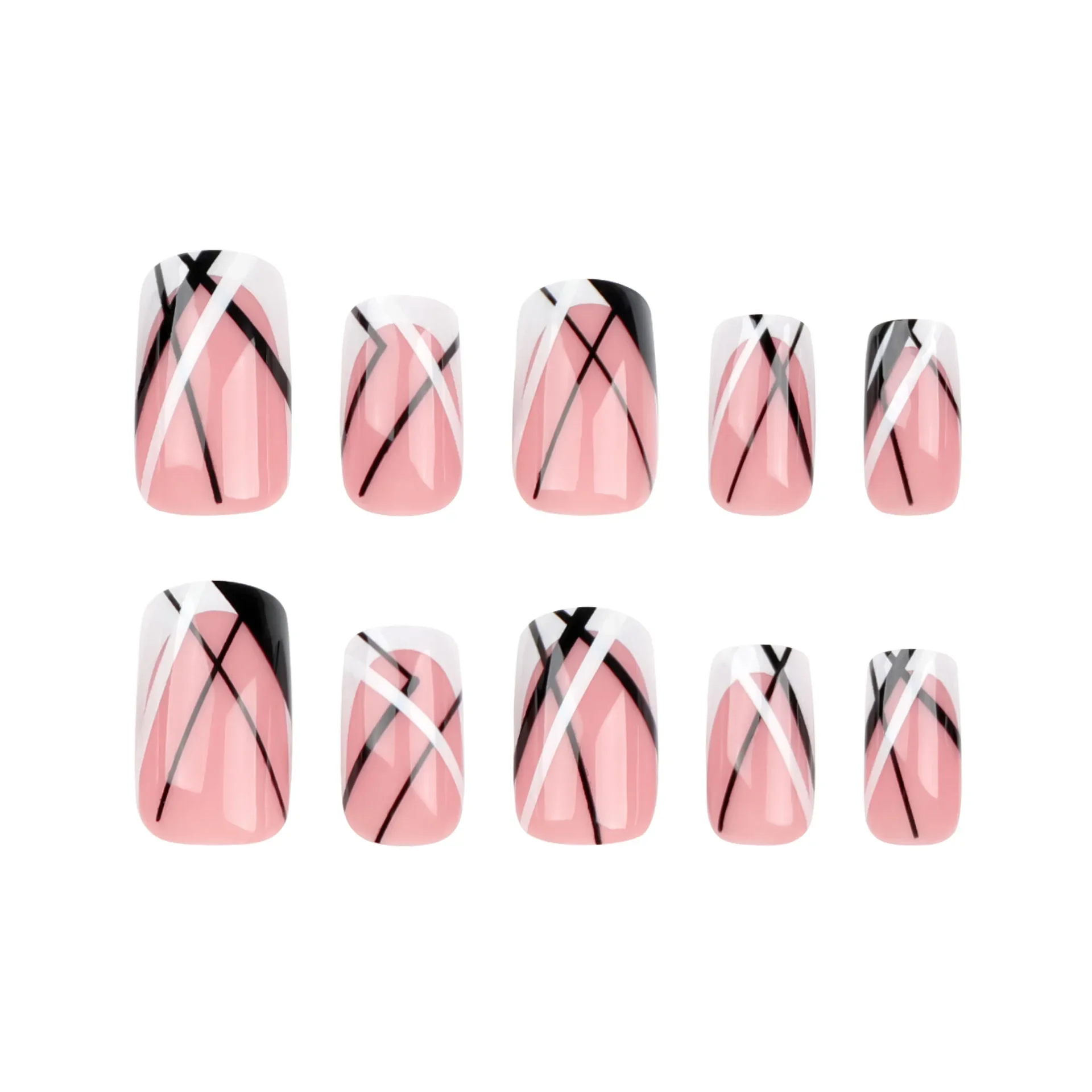 Simples francês borda inclinada prego falso, Design de pó brilhante, unhas postiças quadradas curtas, acrílico, pressione nas unhas, 24pcs