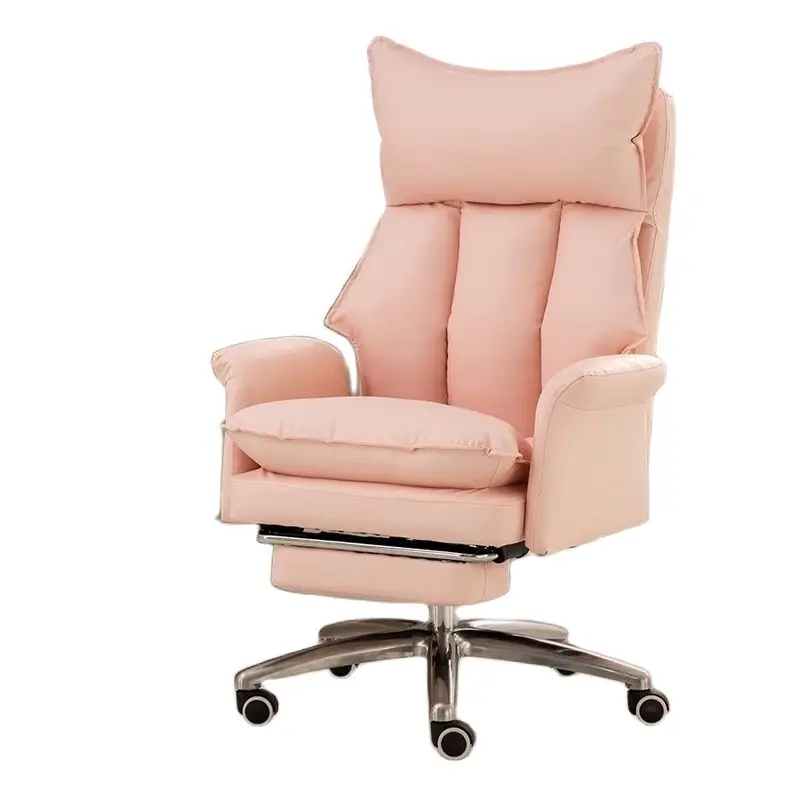 2024 New Computer Chair Pink Girls Office Home Soft Comfortable Ergonomic Sofa Chair Steel Foot Strap Rest High Quality Leather