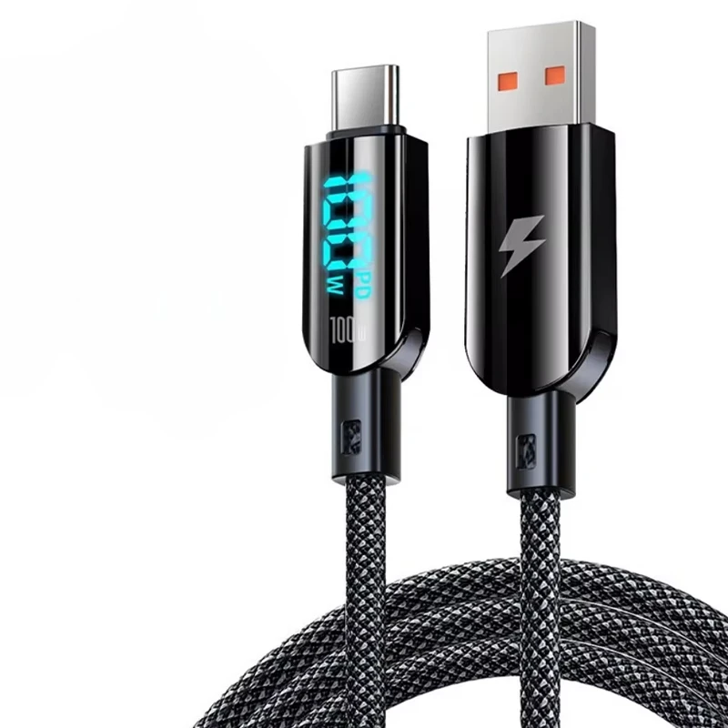 100 واط USB-A إلى Type-C كابل شاشة ديجيتال شحن سريع نقل البيانات المعلبة النحاس الأساسية خط 1.2 متر طويلة للهواتف الذكية