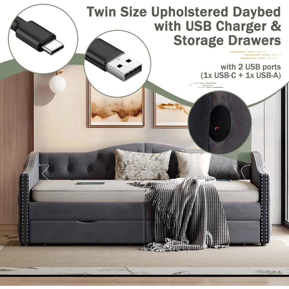 Daybed Ukuran Twin Berlapis Kain dengan Penyimpanan, 2 Port USB, Rangka Kayu Kokoh, Ideal untuk Kamar Tidur, Tidak Perlu Box Spring