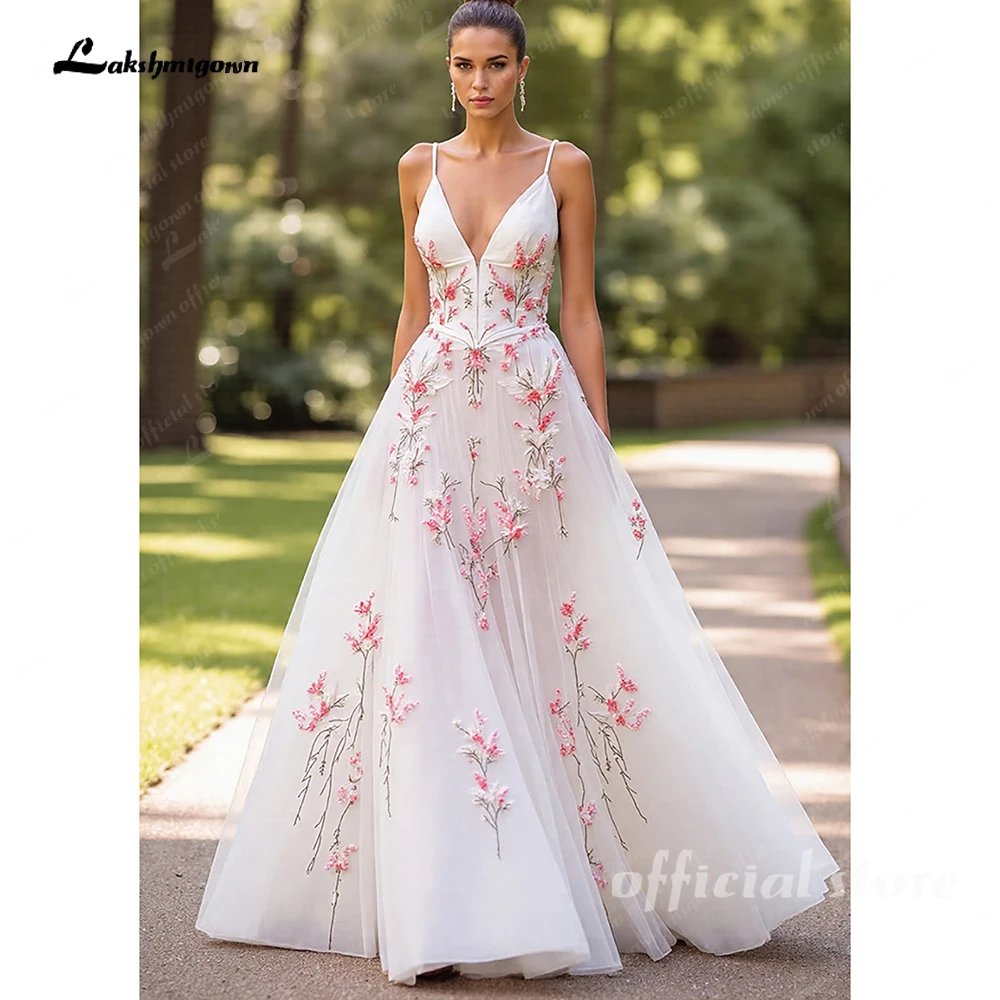 Lakshmigown-vestido De novia con bordado Floral rosa, vestido De novia con cuello en V, tirantes finos, línea A, personalizado