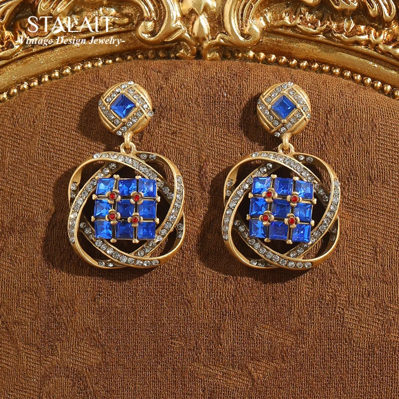 

Vintage Blue Crystal Earrings Drop Dangle Gold Color Rhinestone Luxury Designer Jewelry Accessories Antique 2025 Christmas New