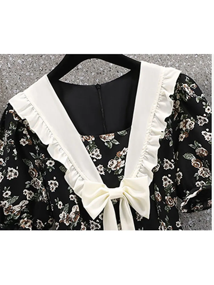 Stile americano Vintage Peter Pan Collar Bow Floral Dress Summer Women Sweet Slim a-line abiti di un pezzo elegante Prairie Chic