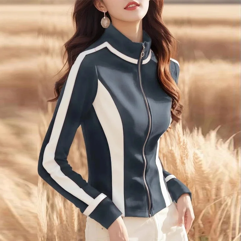 Fashion Coat Wowen Spring Autumn Jacket Top 2026 New Unique Short Grey White Color Blocked Waist Jacket Hoodie Sweatshirt