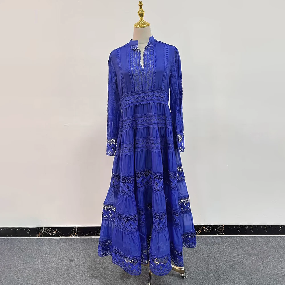 TWOTWINSTYLE Hollow Out Elegant Dresses For Women Round Neck Long Sleeve High Waist Patchwork Embroidery Solid Dress Female 2024