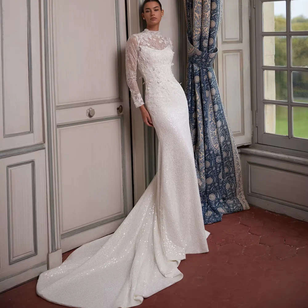 Customized Glamorous Beaded Long Sleeved Wedding Dress Modest High Collar Bridal Gown New 3D Floral Mermaid Bridal Gown