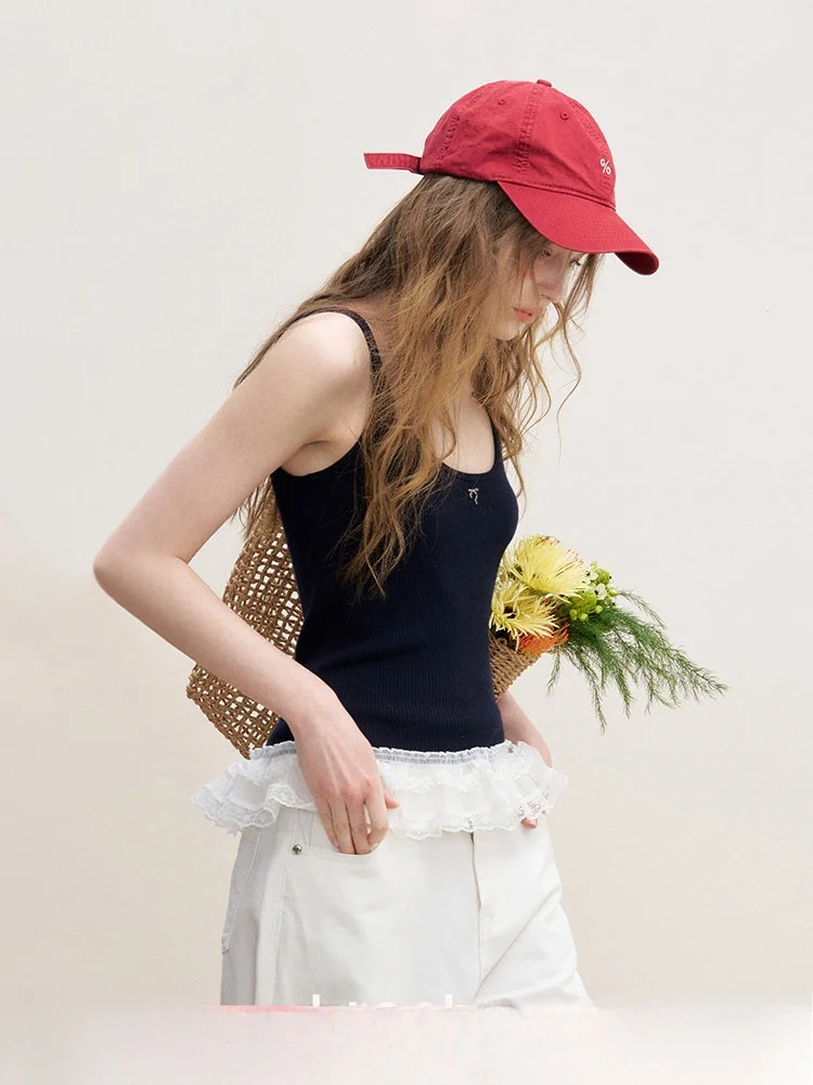 

Kroche Blokette Wool Blend Lace Trim Splicing U-Ne Wide oulder Knitted Strap Vest Women's Faion Commute Sle Summer Wear