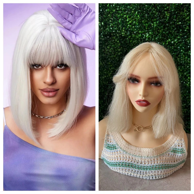 Short Straight White Bob Wig with Bangs Synthetic Hair for Daily Party Cosplay Halloween 13x4 HD Transparent Lace Front Wigs