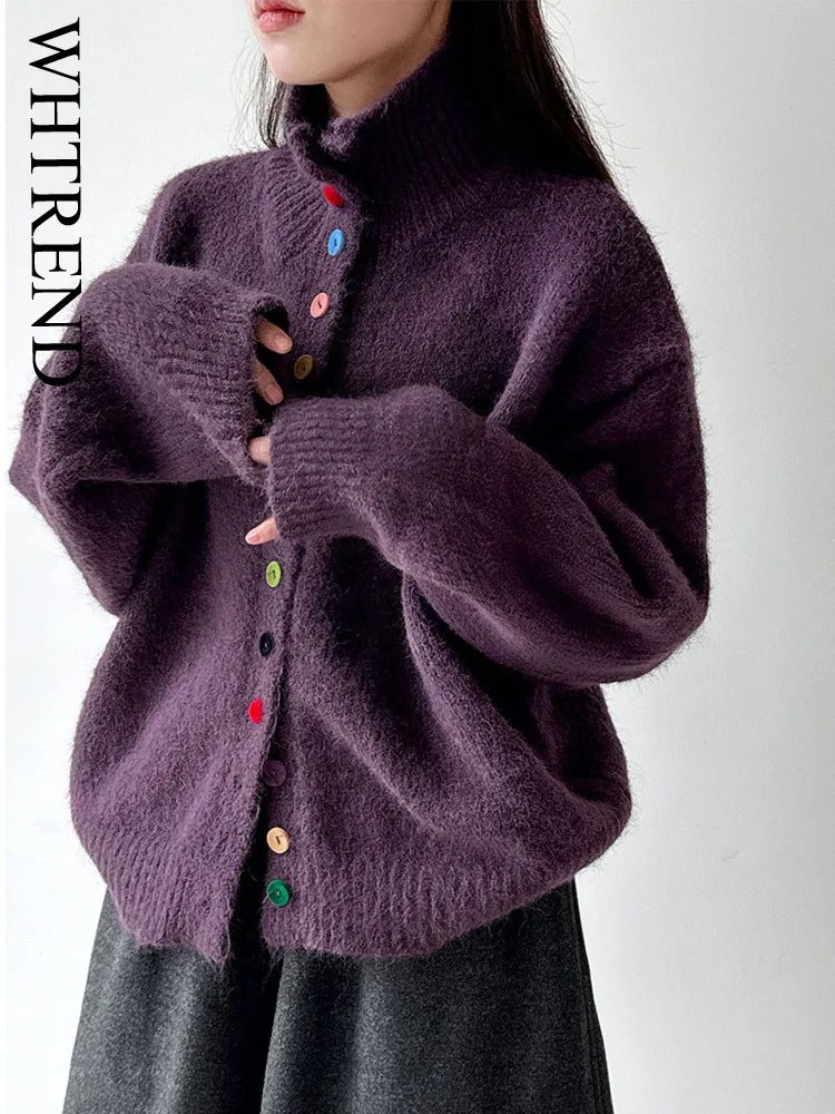 

WHTREND шикарный стильный шерстяной дизайн, красочные пуговицы, воротник-стойка, длинный рукав, мягкий вязаный кардиган, осень-зима, новинка WH1929