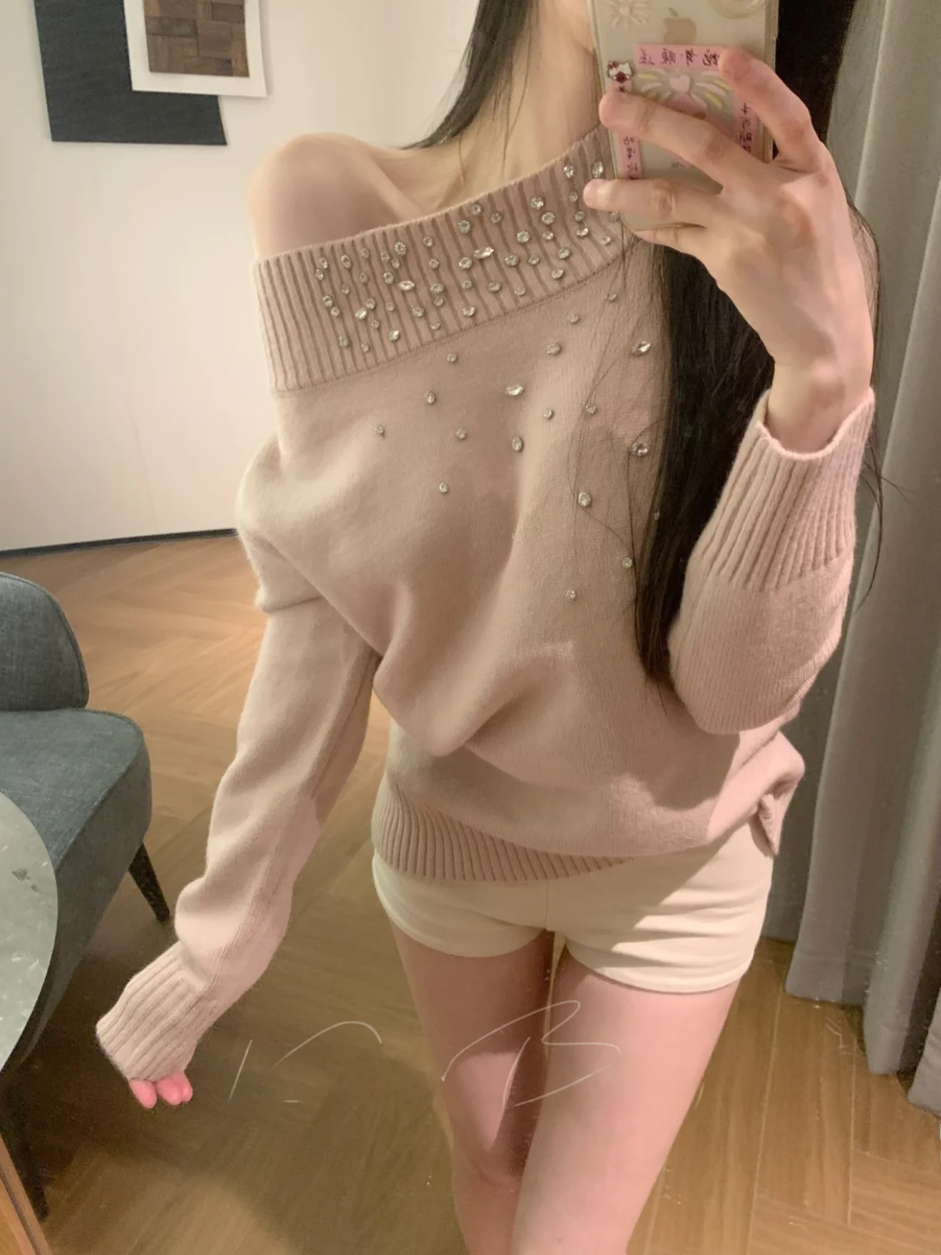 

Ele Korean Sle Women's Knitted Sweater One oulder Diamond Embellied mid Ne Heavy Work Slim Fit Faionable