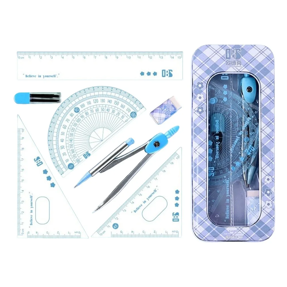 8PCS Portable Plastic Ruler Compasses Set Eraser Transparent Protractor Straight Ruler Square Measuring Ruler Students