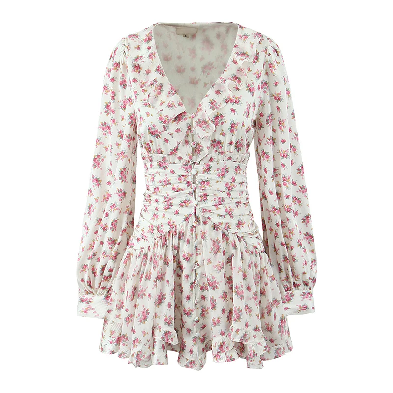 YENKYE 2025 Women Sweet Floral Print Ruffle Mini Dress Front Button Long  Sleeve V Neck A-line Holiday Boho Dresses Short - AliExpress 200000345