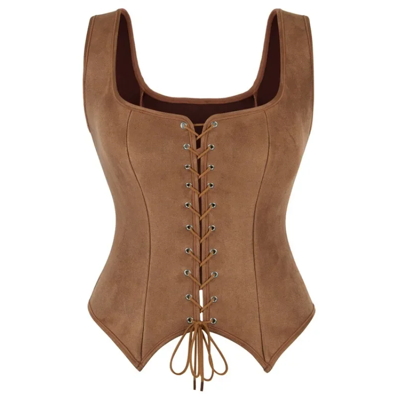 Medieval Lady Vest Renaissance Lace-up Corset Tank Halloween Cosplay Pirate Costume Women Vintage Blouse Tops