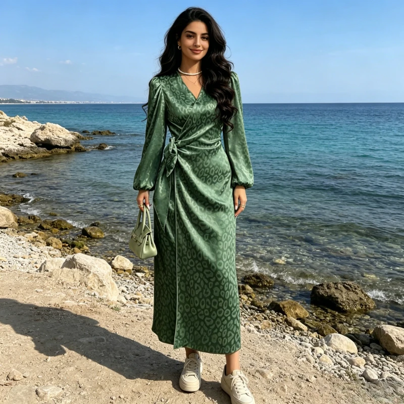Dress Women Eid Abaya Leopard Print Dresses Muslim Abayas Lace Up Vestidos Ramadan Morocco Dubai Kaftan Islam Long Robe Jalabiya