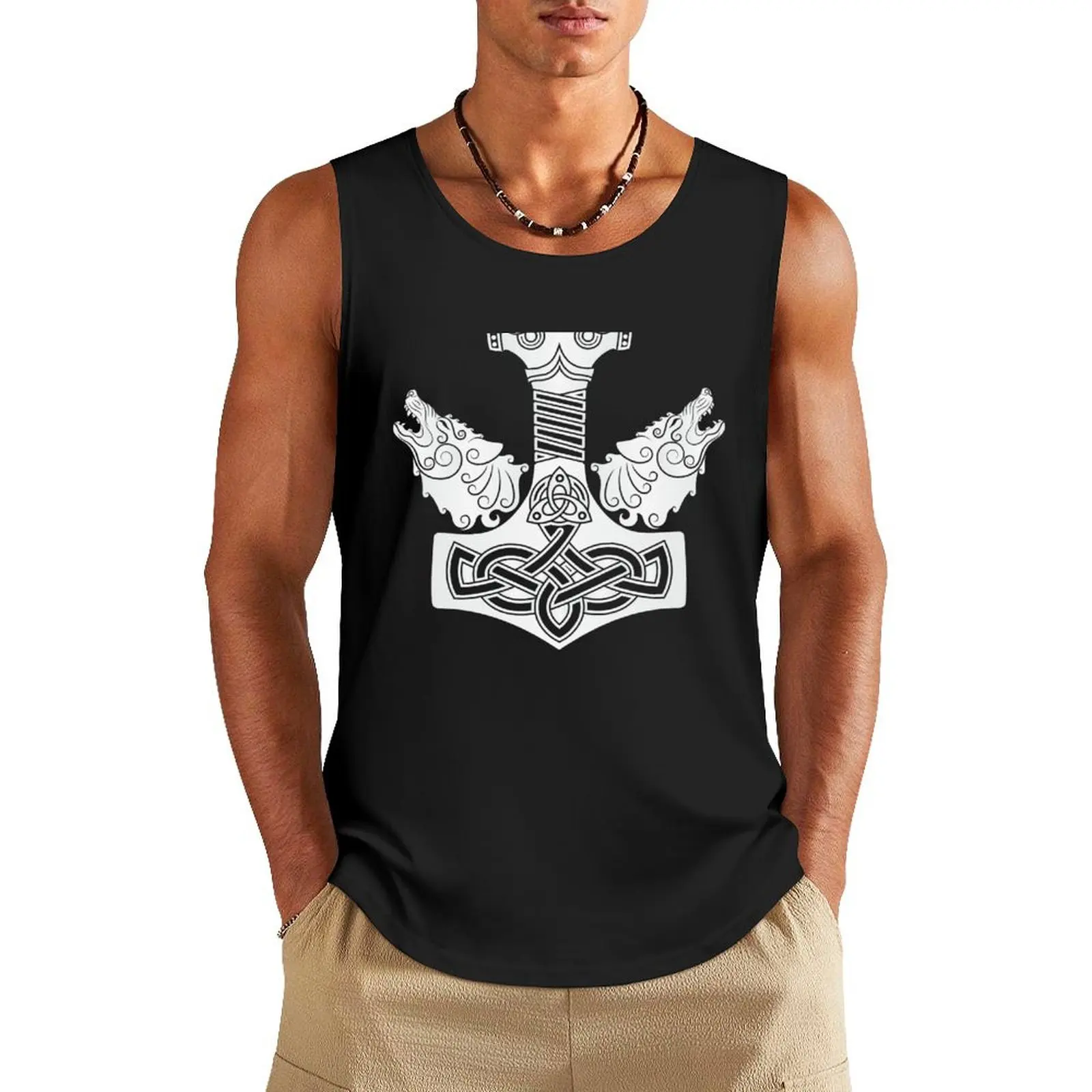 Two wolves Hati and Skoll and Hammer Mjolnir Tank Top mens gym clothes T-shirt male
