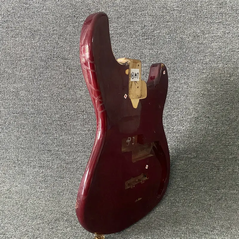 DB147 Unfinished Electric Bass Guitar Body in Solid Wood PJB Bass in Wine Red Solid Basswood for DIY Replace with Damages