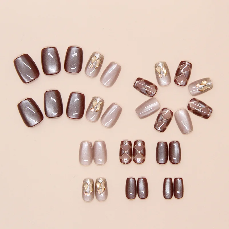 24pcs Cat's Eye Diamond Grid Glitter Press on Nails Short Style Nails Full Cover Wearable False Nails